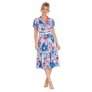New ModCloth Small Floral Button-Up Midi Belted Blue, White, & Pink Pattern